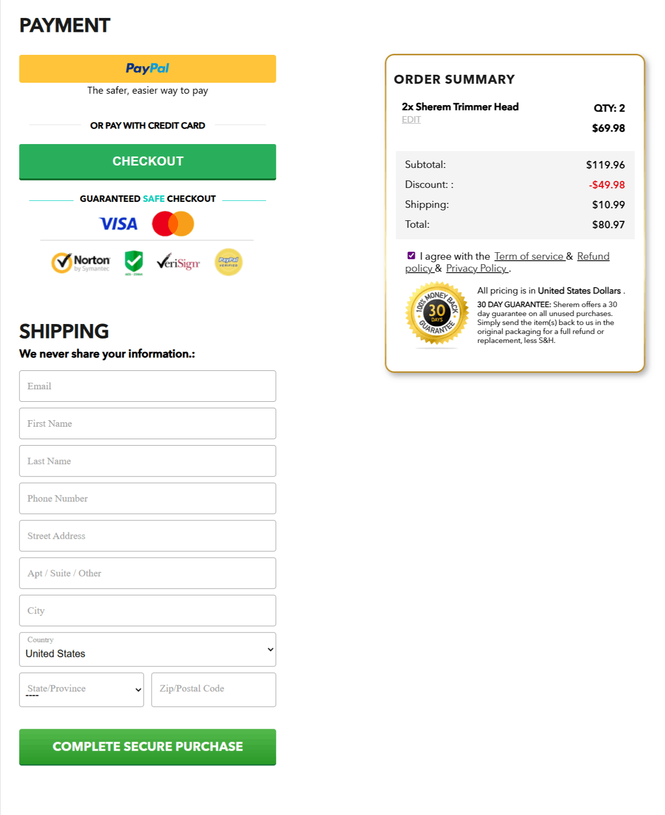 Trimmer Head Landscaping Sherem checkout page